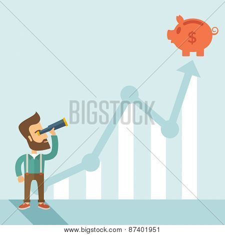 A man standing using telescope to see the graph and piggy bank is on the top of the arrow, it is a sign of progress a business sales is going up. Growing business concept. A contemporary style with