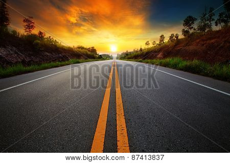 Beautiful Sun Rising Sky With Asphalt Highways Road In Rural Scene Use Land Transport And Traveling