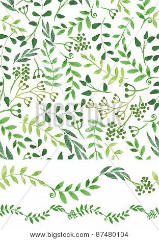 Watercolor seamless pattern and border.Vintage Green branches