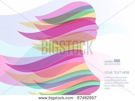 Beautiful Girl Silhouette With Colorful Streaming Hair. Vector Abstract Background. Design Concept F