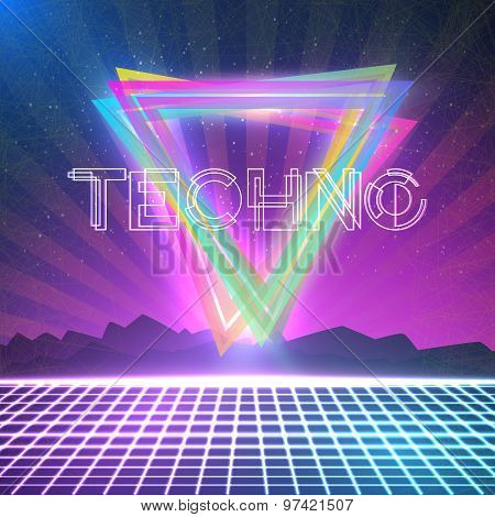 Abstract Techno 1980s Style Background with Triangles, Neon Grid