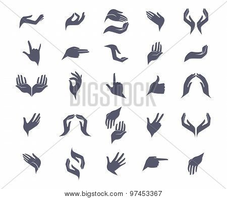 Set of open empty flat hands icons with different gestures signs.