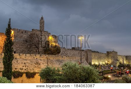 View of the Tower of David in the evening, near the Jaffa Gate of the Old City of Jerusalem, Israel