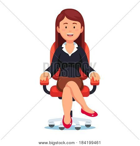 Business woman confidently sitting in office chair with smiling face and looking at viewer. Female executive manager or CEO. Modern flat style vector illustration isolated on white background.