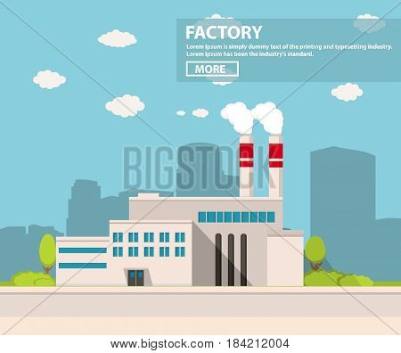 Industrial factory in flat style a vector an illustration.Plant or Factory Building.road tree window facade.Manufacturing factory building. industrial building concept.Eco style factory.City landscape