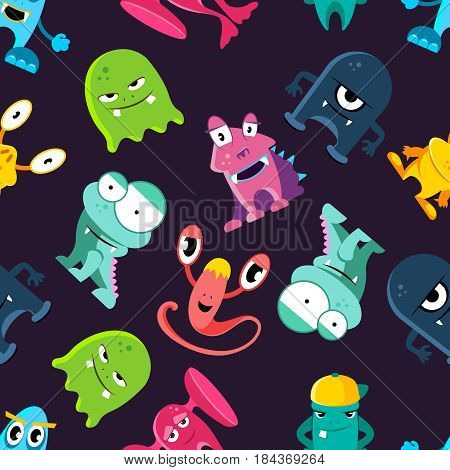 Ugly but cute funny monsters vector seamless pattern. Alien monster characters background