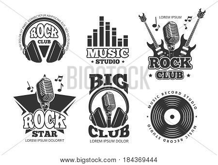 Retro audio record, studio sound vector labels, badges, logos, emblems. Sound studio record emblem, illustration of rock music club