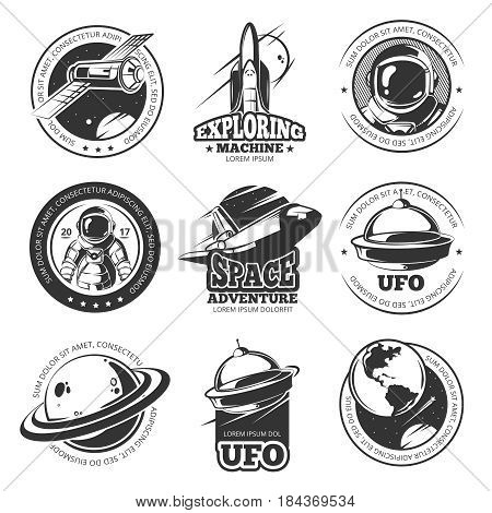 Retro space, astronaut, astronomy, spaceship shuttle vector labels, logos, badges, emblems. Explore mission space, illustration of rocket in space explore travel