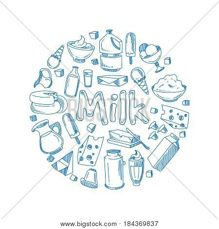 Sketch milk products, farm breakfast vector concept with doodle dairy icons. Set of dairy food badge, illustration of round shape organic natural dairy products