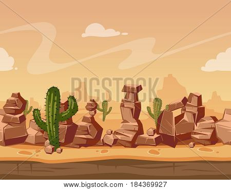 Vector cartoon horizontal seamless landscape with stones and cactus. Game wild background illustration. Nature scene landscape with mountain desert