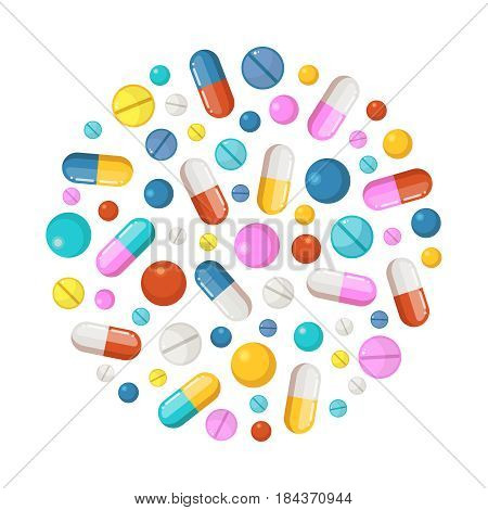 Healthy elements in circle shape background. Vector icons of drugs, long tablets and round pills. Drug pill and tablet, illustration of colored pharmaceutical capsule and tablet vitamin