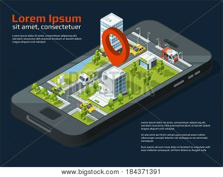 Vector 3d city concept picture. Different business buildings, roads, garden and other urban elements. Location street gps on phone, city map with pin on smart phone gps illustration