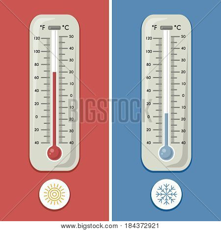 Thermometer of celsius and fahrenheit. Meteorology and different temperature cold and warm. Vector illustrations. Thermometer measurement on celsius and fahrenheit, temperature measurement