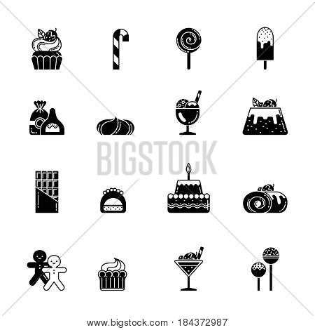 Monochrome black icons of sweet, biscuits and other bakery foods. Ice cream and chocolate cupcake. Vector sweet food bakery and biscuit, illustration of dessert cupcake and bakery