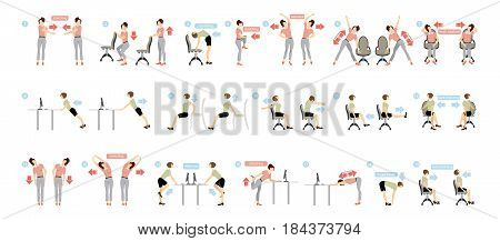 Sport exercises for office. Office yoga for tired employees with chair and table.