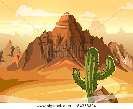 Desert hills, cactus near big mountain. Vector yellow background illustration. Western mountain desert panorama, natural mountain and green cactus