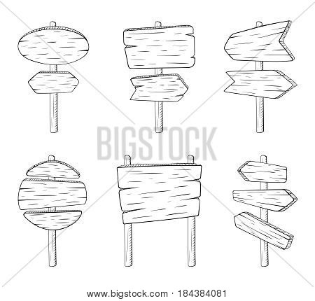 Doodle sign street boards with wood texture. Vector sketch illustration isolate on white background. Directional arrow texture, sketch doodle wooden arrow guidepost