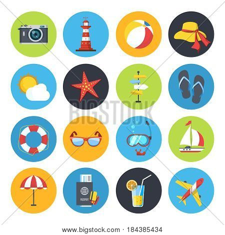 Vector summer icon set. Sunrise, sea and vacation tour. Travel summer icons set, illustration of lighthouse and yacht icons travel