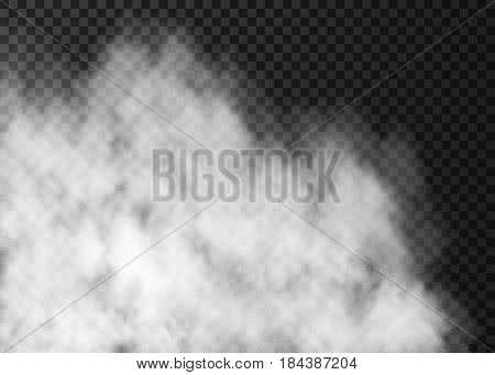 White transparent fog isolated on dark background. Mist special effect. Realistic vector fire smoke or steam texture .