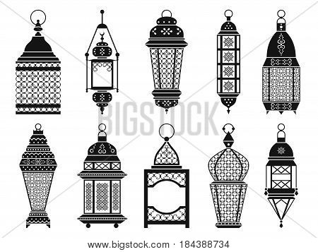 Vector silhouette of vintage arabic lanterns and lamps isolate on white background. Black lantern for ramadan, illustration of monochrome frame lantern