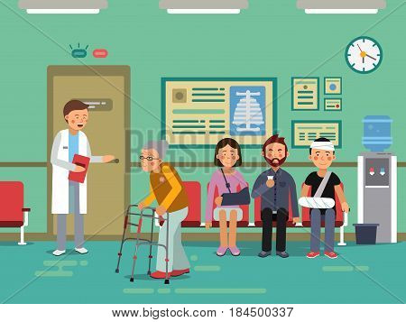 Patients and disabled peoples waiting doctor in clinical room. Vector medical. Clinic hall with patient, illustration of medical patients in line