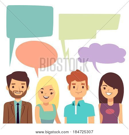 Vector conversation concept with people and blank thinking bubbles. Cartoon people conversation speech bubble, illustration of discussion people