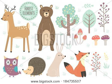 Vector set of cute forest elements - animals and trees. Great for baby shower and kids design. Deer, bear, hedgehog, rabbit, fox, owl, trees and mushrooms