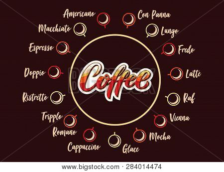 Hand Drawn Coffee Text, Typography Lettering Poster, Calligraphy Logo. Different Coffee Drink Names 