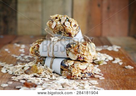 Homemade Granola Energy Bars With Figs, Oatmeal, Almond, Dry Cranberry,  Dates, Nuts, Raisins, Sesam