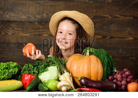 Traditional Autumnal Fest. Farm Activities For Kids. Girl Kid Farm Market With Fall Harvest. Child C