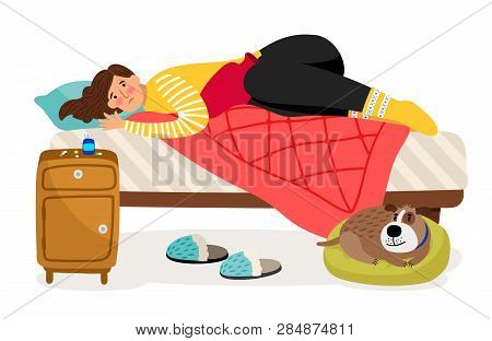 Sick Woman In Bed. Menstrual Pain, Woman Health Vector Concept. Illustration Of Woman Ill, Person Ch