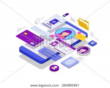 Isometric Personal Data Information App, Identity Private Concept. Digital Data Secure Banner. Biome