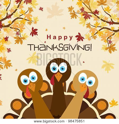 Template greeting card with a happy Thanksgiving turkey, vector illustration