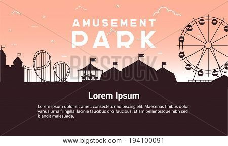 Silhouette amusement park scenery vector flat. Amusement park vector illustration for infographic map design. Architecture entertainment elements for family rest in the park. Colorful Ferris wheel carousel circus