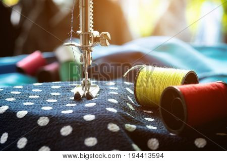 Sewing Machine.sewing Process In The Phase Of Overstitching.dressmaker Work On The Sewing Machine.ta