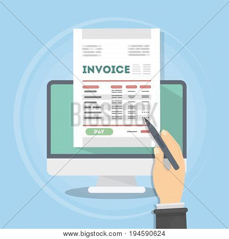 Invoice concept illustration. Invoice documents with hand with pen. Person checking finance.