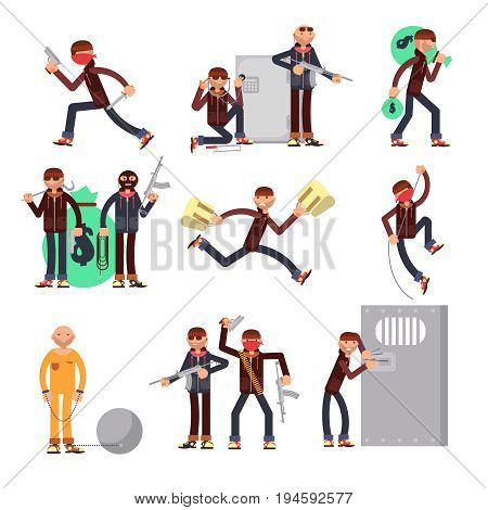 Criminal offender in different actions vector set. Burglar and thief cartoon characters. Illustration of crime, robber with money bag