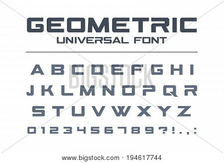 Geometric universal font. Technology, sport, futuristic, future techno alphabet. Letters and numbers for military, industrial, electric car racing logo design. Modern minimalistic vector typeface