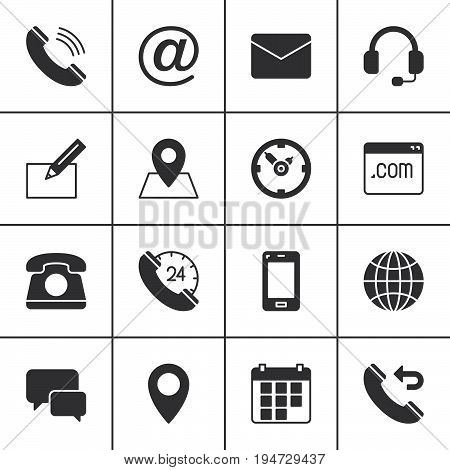 Contact vector icons set modern solid symbol collection filled style pictogram pack. Signs logo illustration. Set includes icons as map globe phone call clock handset message email call back