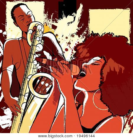 Illustration vectorielle d'une chanteuse de jazz américaine afro sur fond grunge et saxophoniste