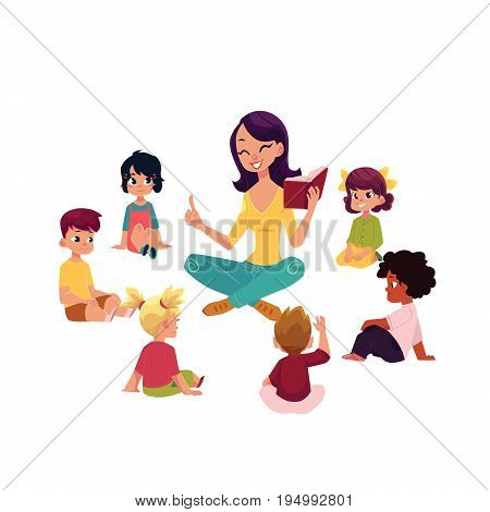 Kindergarten kids sitting around teacher reading a book, cartoon vector illustration isolated on white background. Female teacher read book to kindergarten kids sitting around, listening with interest