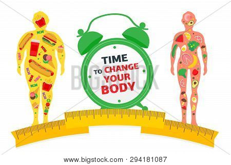 Weight Loss Concept. Time To Change Your Body. Before And After Diet And Fitness. Fat And Thin Man. 