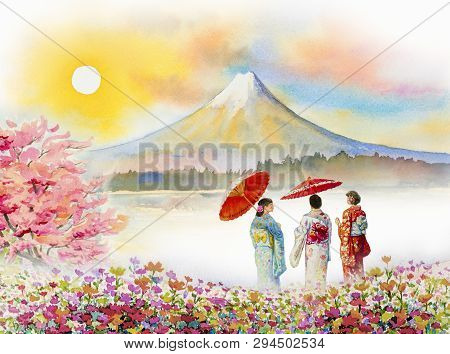 Travel Mount Fuji Of Japan - Famous Landmarks Of The Asian. Woman Wearing Japanese Traditional Kimon