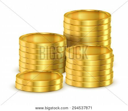 Pile Of Golden Coins Or Heap Of Gold Money For Casino. 3d Or Realistic Shining Cash, Tower Or Stack 