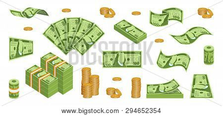 Set Of Cash Paper Money. Various Kind Of Money. Money Packing In Bundles. Flying Bank Notes. Gold Co