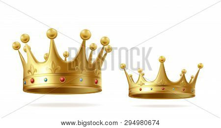 Golden Crowns With Gems For King Or Queen Set Isolated On White Background. Crowning Headdress For M