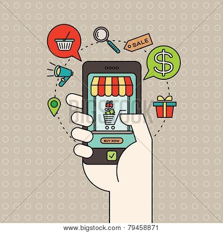 Outline E-commerce Icons And Smart Phone In Hand With Digital Marketing Online Shopping Concept