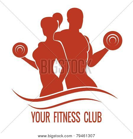 Fitness logo with muscled man and woman silhouettes