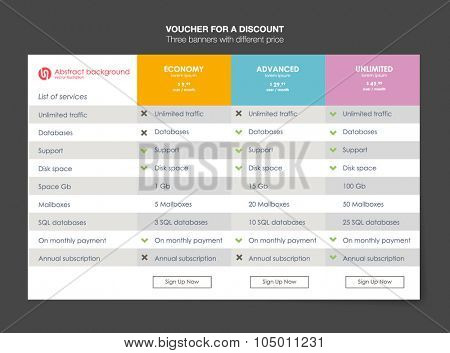 Three tariffs. interface for the site. ui ux vector banner for web app. Pricing Table Template with Three Plan Type. Pricing table, banner, button, list and bullet with plan for website in flat design