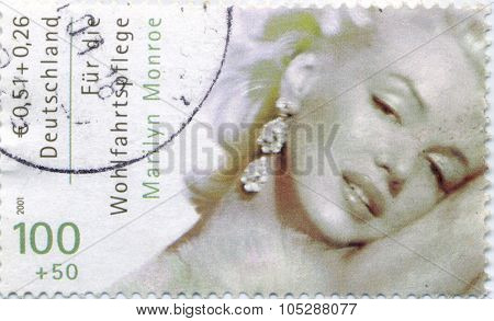 GERMANY - CIRCA 2001: Marilyn Monroe (1926-1962) Germany stamp. The Hollywood actress starred in 30 films,  circa 2001